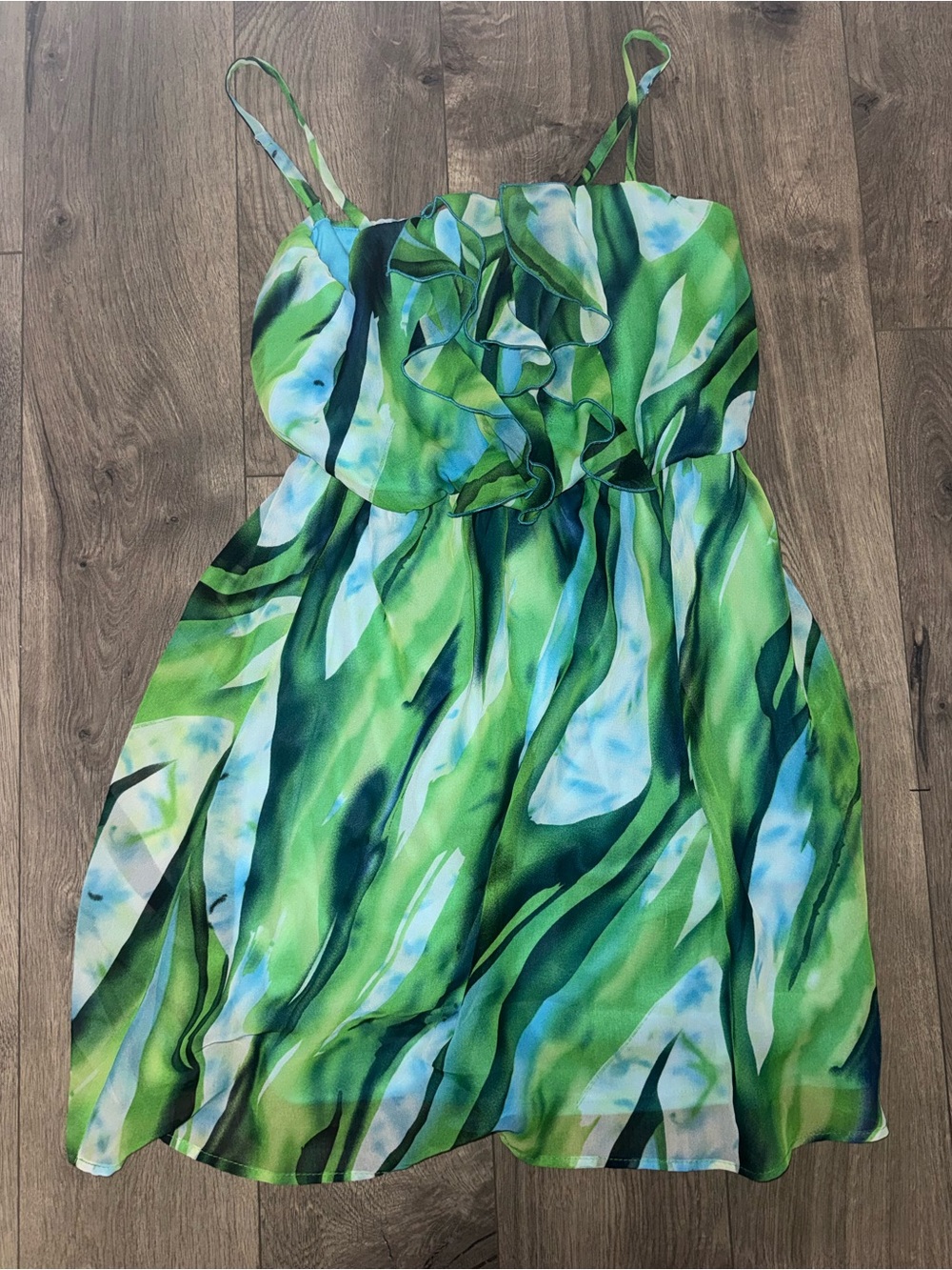 Iz Byer Green and Blue Leaf-Print Spaghetti Strap Mini Dress